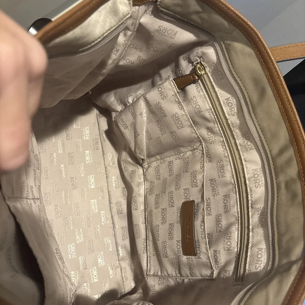 Michael Kors Montauk Nylon & Leather Shoulder Bag/Purse Khaki/Tan  gold hardware
